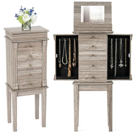 Gymax Standing Jewelry Cabinet Storage Organizer Wood Legs Mirror&5 Drawers Christmas Gift