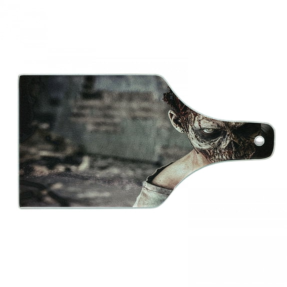 Zombie Cutting Board, Dead Person in Ruined House with Creepy Looking Murder Killing Scary Print, Decorative Tempered Glass Cutting and Serving Board, Wine Bottle Shape, Taupe Peach, by Ambesonne