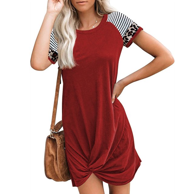 SMihono Robes Bohèmes d'Été pour Femmes Grande Taille Mode Aguichant Décontractée à Empiècements Col Rond Manches Courtes Robe à Rayures Léopard