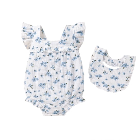 Happy Town Baby Girl Summer Clothes Infant Sleeveless Cotton Romper with Soft Bib Toddler Ruffled Jumpsuit Bodysuit