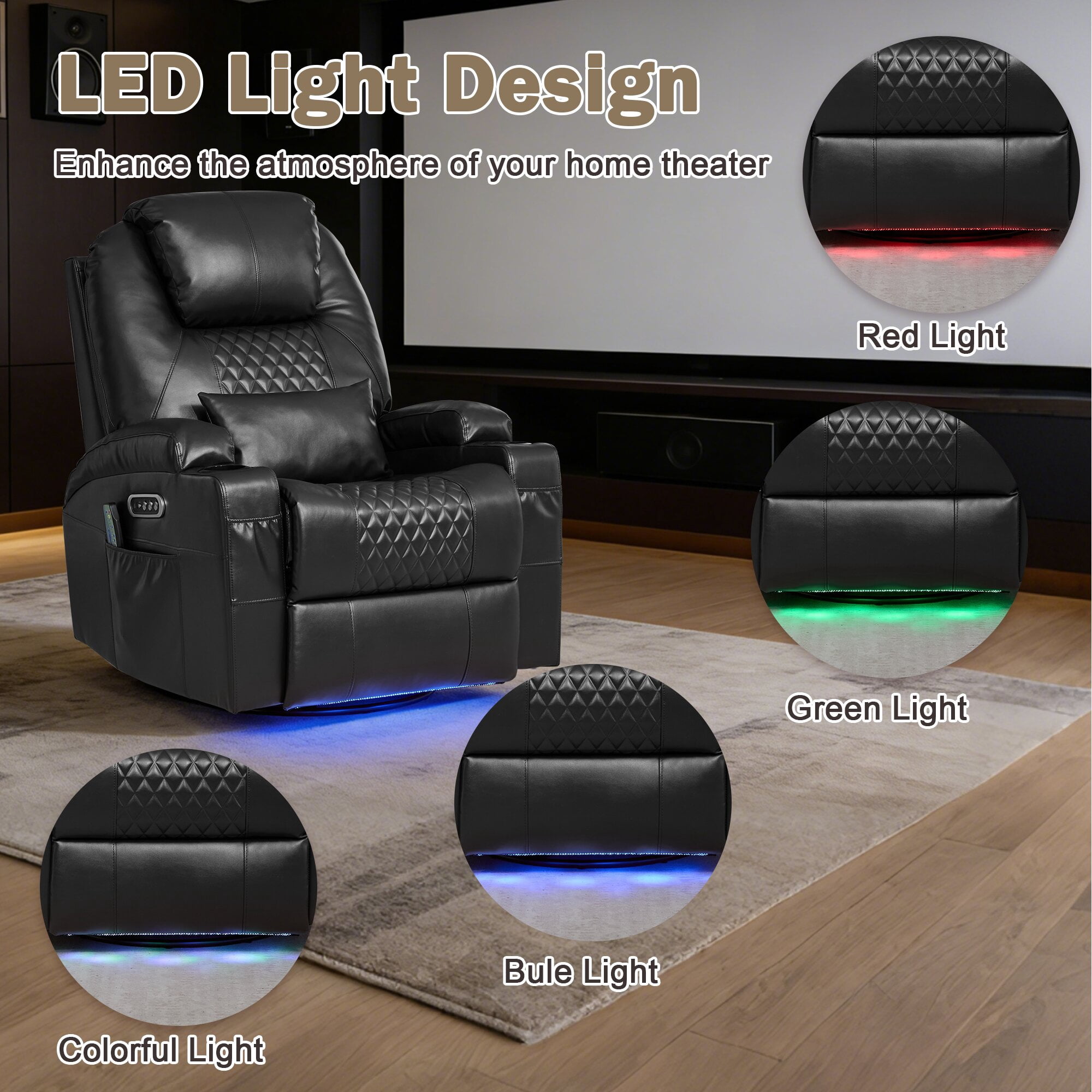 QJTC Power Rocker Recliner Chair with Heat and Massage, 240° Swivel Recliner Chair with Lumbar Pillow/Cup Holder/LED Lights/USB Ports, Black