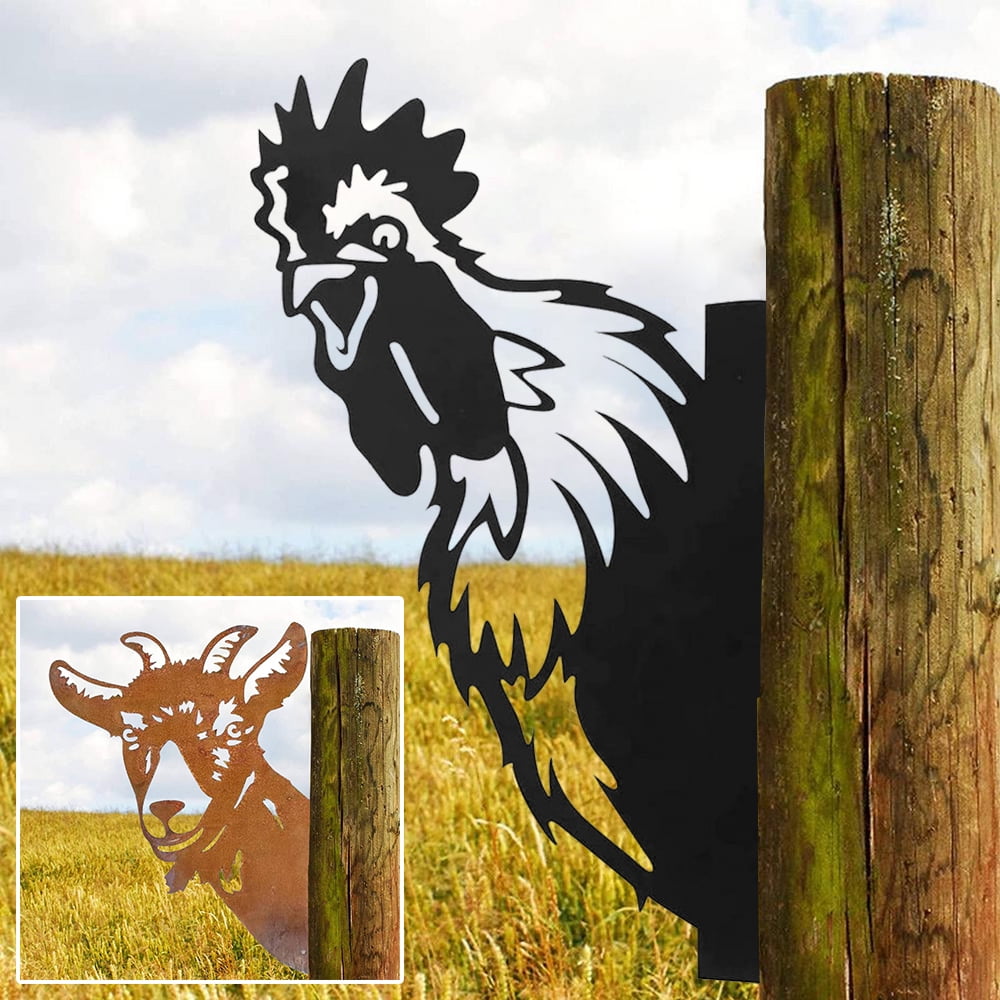 MTFun Farm Peeping Goat Chicken Metal Art Ornaments Garden Outdoor Wall Mounted Ornaments