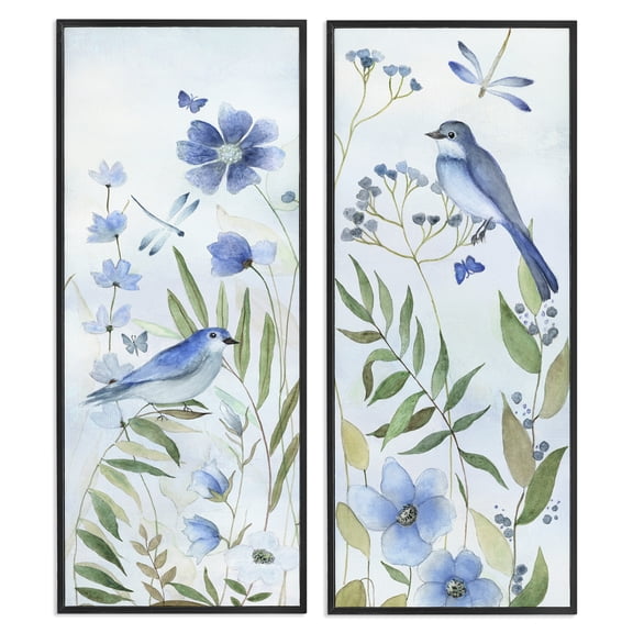 Stupell Industries Shabby Chic Blue Hued Flowers & Birds Black 2pc Framed Giclee Art Set, 10 x 24 each, by Janet Tava