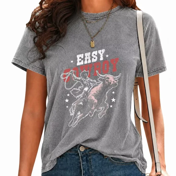 UNISHE Womens Easy Cowboy Bull Riding Print T Shirts Washed Rodeo Western Graphic Tee Casual Streetwear Tops Gray, M