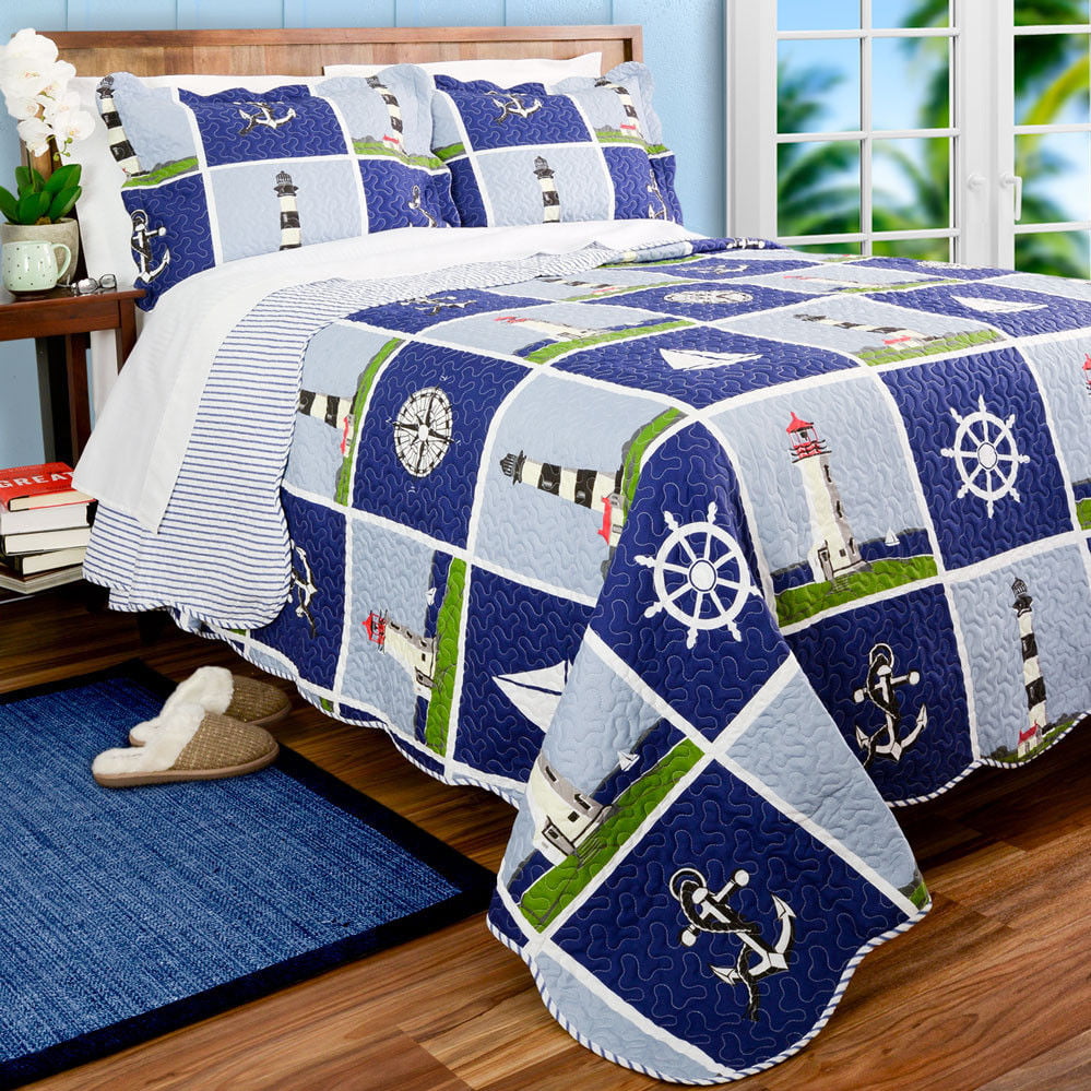 Ocean Themed Ship Print Details about   Lighthouse Quilted Bedspread & Pillow Shams Set 