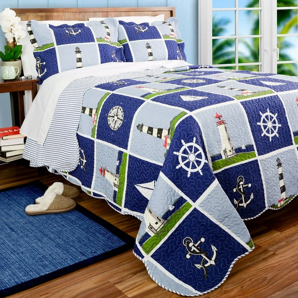Lighthouse, Sailboat & Anchors King Quilt & Shams (3 Piece Bedding