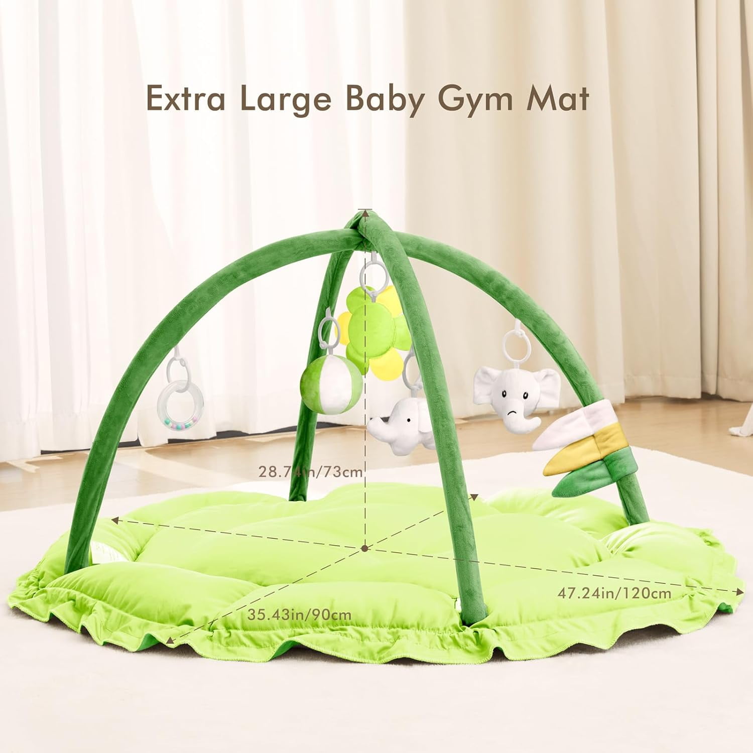 5 in 1 Baby Play Gym Mat, Reversible Tummy Time Mat with 5 Sensory Toys for Stage-Based Developmental, Thick & Large Baby Activity Center from Newborn to Toddler (Green)