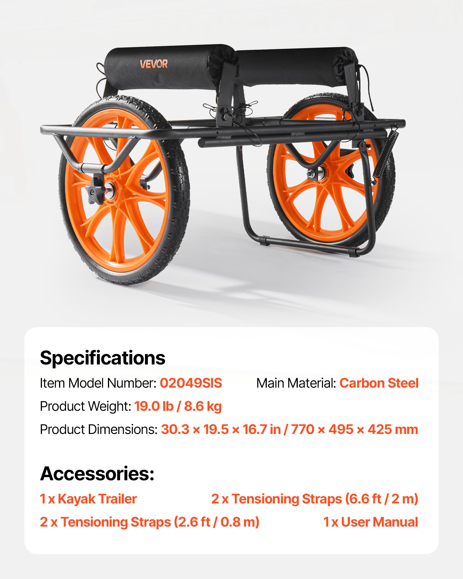 VEVOR Kayak Cart, 330 lbs Load Capacity, Canoe Cart Dolly with 15-inch Solid Rubber Tires & Kickstand, Assembles & Disassembles Within Seconds, Paddle Board Trolley for Kayaks, Canoes, Paddleboards