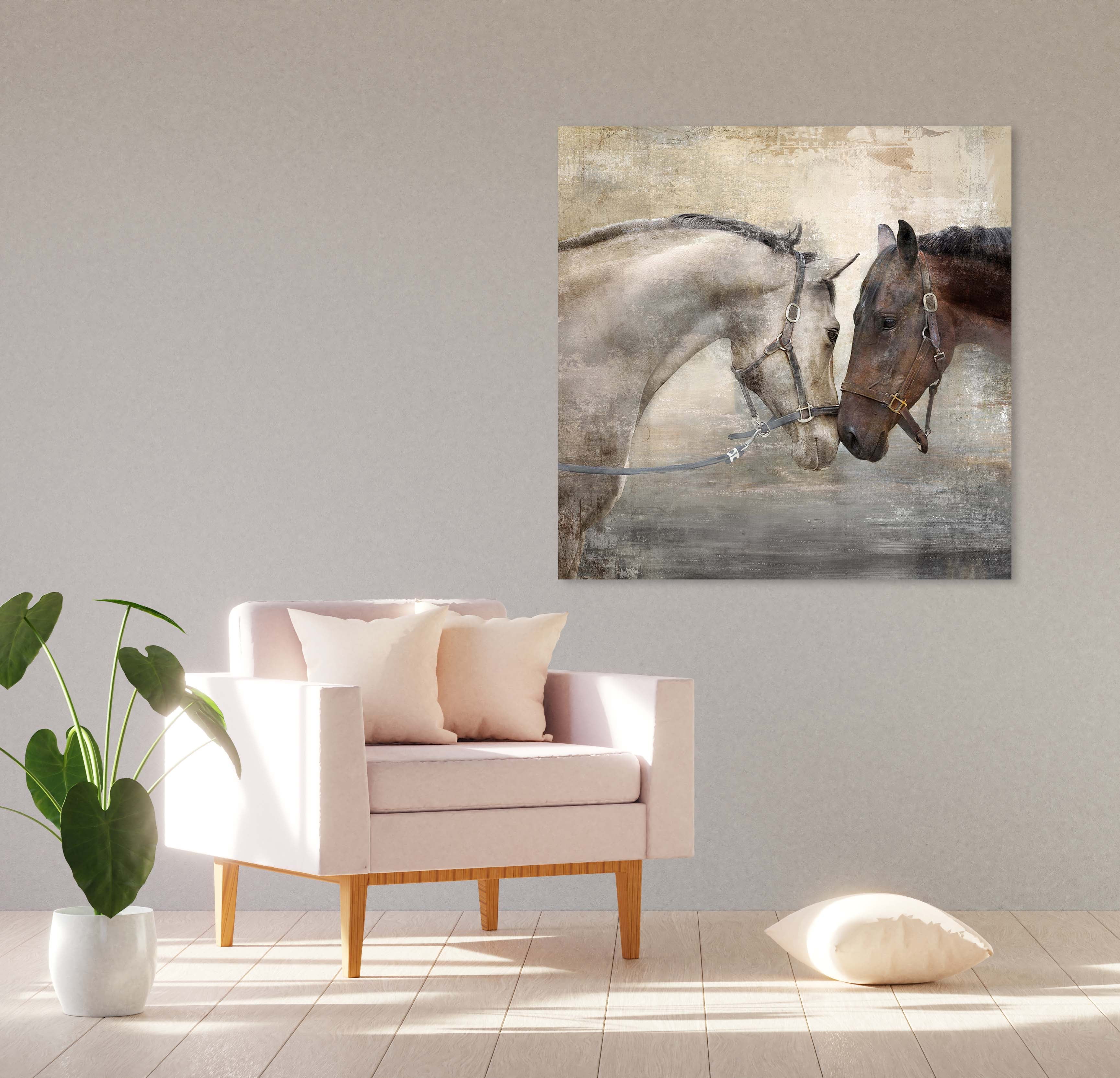 Prinz Farm Animal Painting - Loving Horse Canvas Wall Art, 23.5" x 23.5", Neutral Home Decor