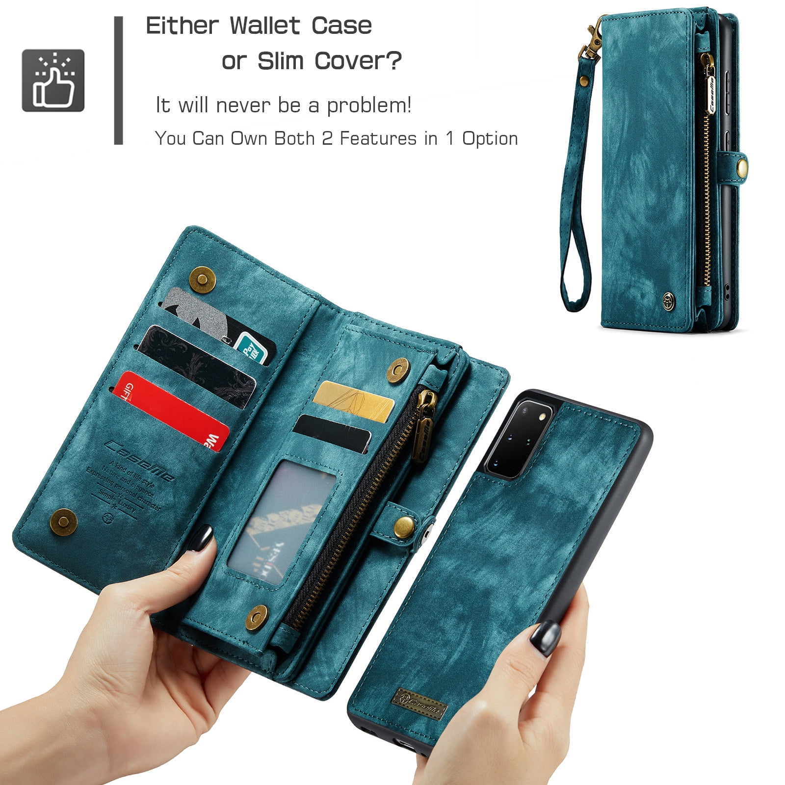 Feishell Durable 2-In-1 Magnetic Detachable Wallet Case for Samsung Galaxy S20+,for Women Men,Premium PU Leather Zipper Pocket Flip Multi Card Slots Purse Phone Case with Wrist Strap,Green