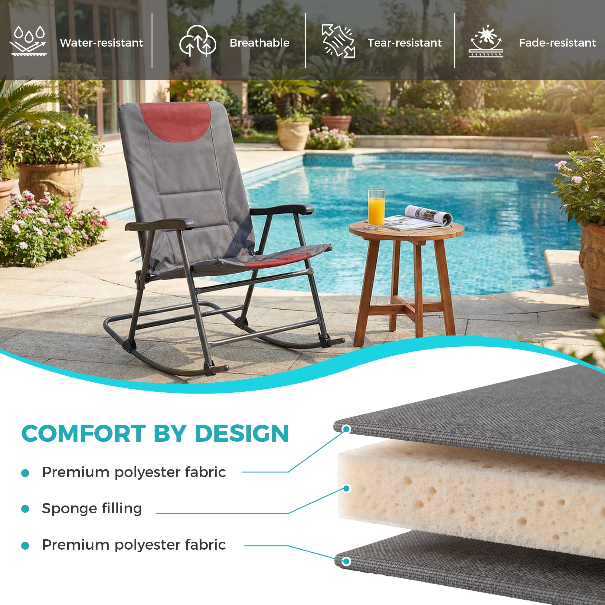Oversized Folding Rocking Camping Chair, High Back Airmesh Rocker with Hard Armrests, Storage Pockets & Carry Bag for Camping Patio Lawn Outdoor Use