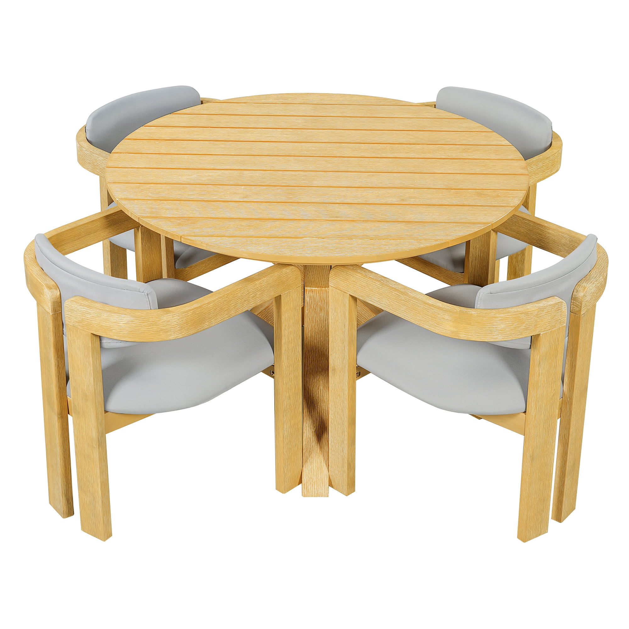 Modern 5-Piece Outdoor Acacia Wood Round Dining Set with 4 Barrel Chairs, Curved Backrest and Cushioned Seats for Patio Garden Backyard Deck, Gray