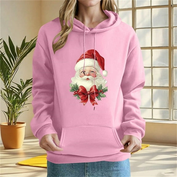 Craaazy Women's Fashionable Christmas Printed Shirts Casual Solid Color Long Sleeved Hooded Top with Pockets Gifts