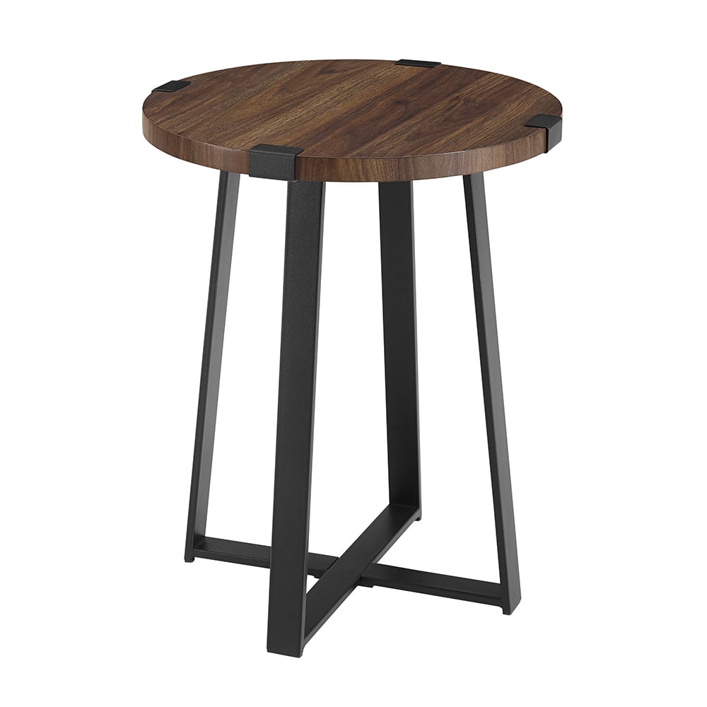 Walker Edison Rustic Wood and Metal Round End Table, Dark Walnut