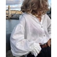 thumbnail image 4 of Women'S Pleated V Neck Puff Long Sleeve Button Down Blouse White XL, 4 of 8