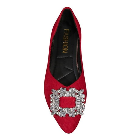 Women s Rhinestone Buckle Pointed Toe Flats Slip On Shoes Comfortable Low Heel Ballerinas Elegant Wedding Party Dress Shoes Red 43