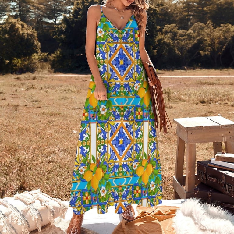 Summer Sicilian tiles citrus lemons majolica Mediterranean Sleeveless Dress  clothing women summer evening dresses ladies - Walmart.com