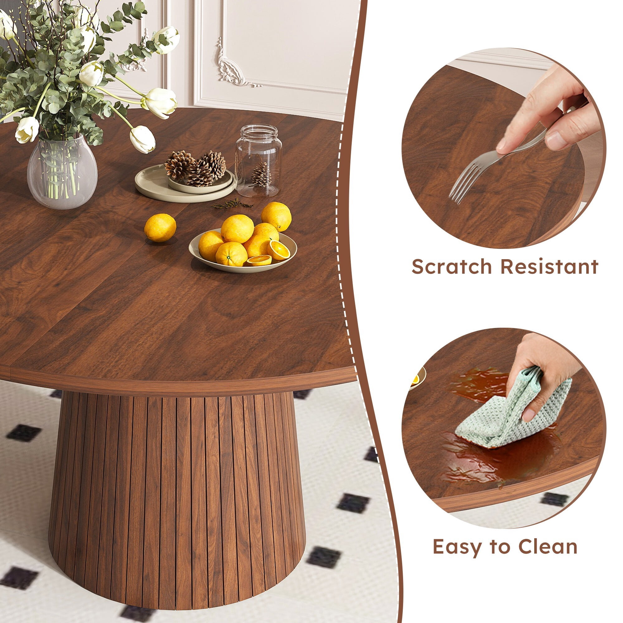 AENKYO 47" Round Dining Table for 4, Modern Farmhouse Pedestal Kitchen Table with Wood Strip Base, Walnut Finish