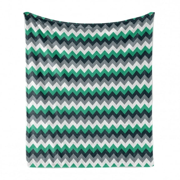Chevron Soft Flannel Fleece Blanket, Zig Zag Symmetric Arrows Striped Pattern in Vibrant Color Artisan Print, Cozy Plush for Indoor and Outdoor Use, 70" x 90", Jade Green Grey White, by Ambesonne