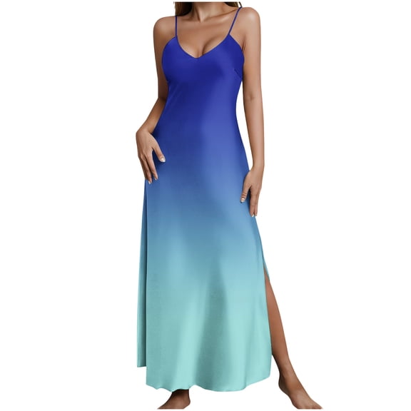 Efsteb Summer Beach Dresses for Women V-Neck Casual Fashion Side Split Strap Sleeping Long Dress Loose Beach Vacation Gradient Sleeveless Dresses (Multicolor,M)