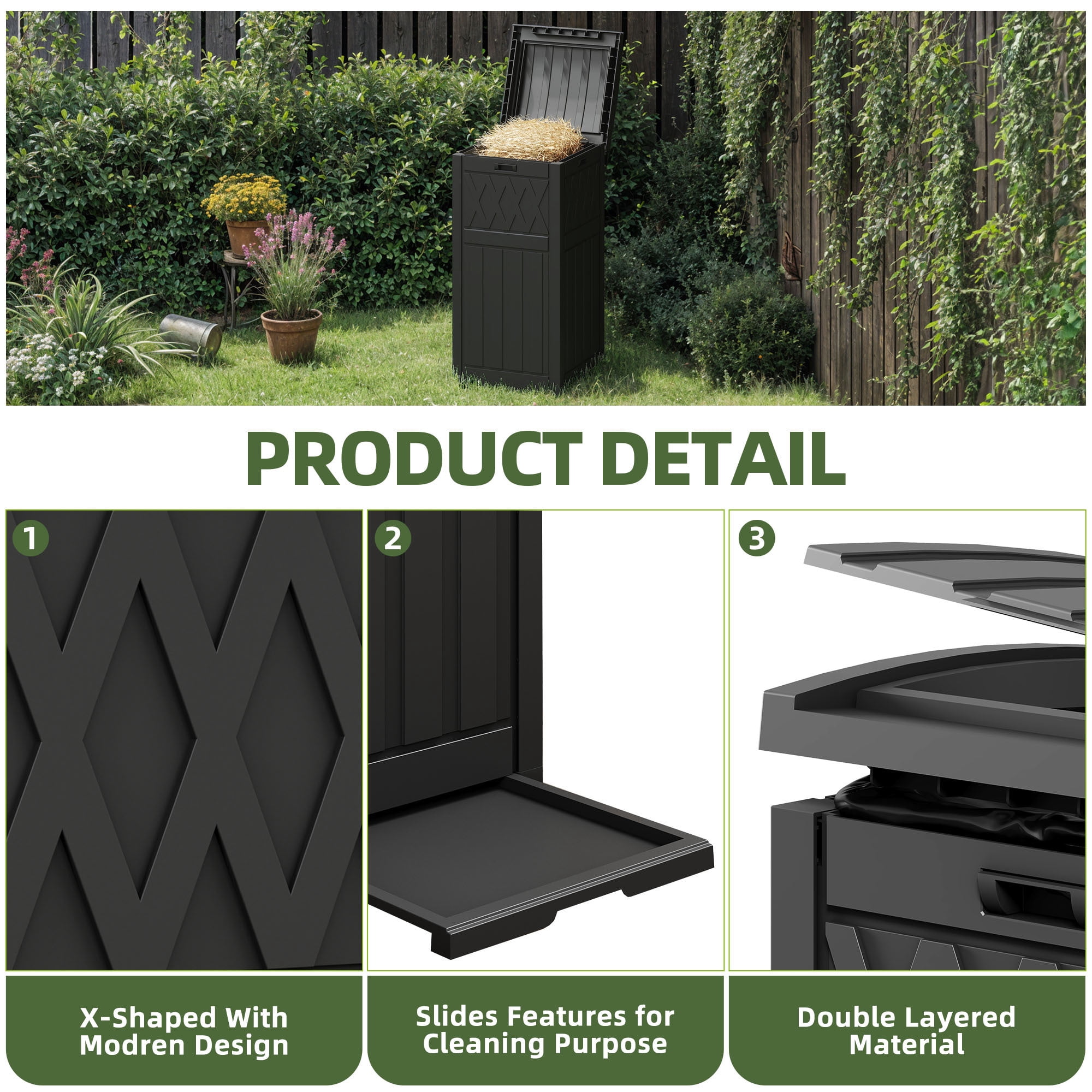 Uforic 33 Gallon Outdoor Trash Can, Layered Lid with Drip Tray, Waterproof Garbage Bin for Patio, Deck, Backyard, Black