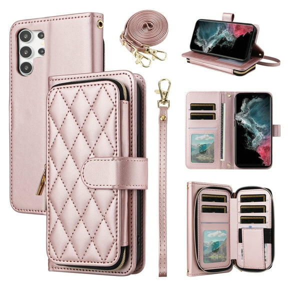 Furiet Wallet Case for Samsung Galaxy S23 Ultra 5G with Wrist Strap Shoulder Strap, Card Slots Zipper Purse, Luxury PU Leather Stand Phone Cover for S23Ultra 23S S 23 23Ultra 6.8 inch Women Rose Gold