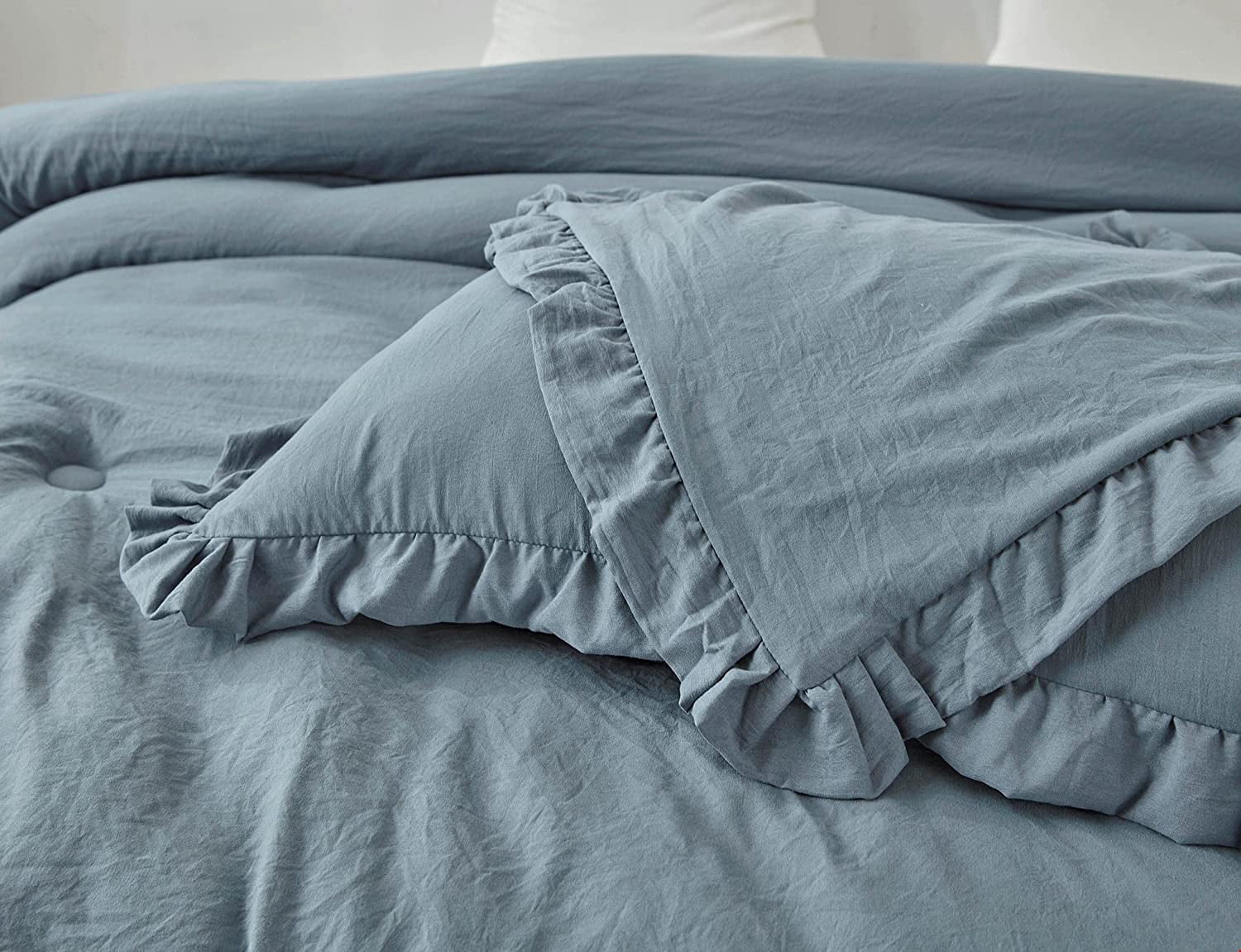 Chezmoi Collection Nora 3-Piece Dusty Blue Ruffled Edge Trim Microfiber Comforter Set, King Size
