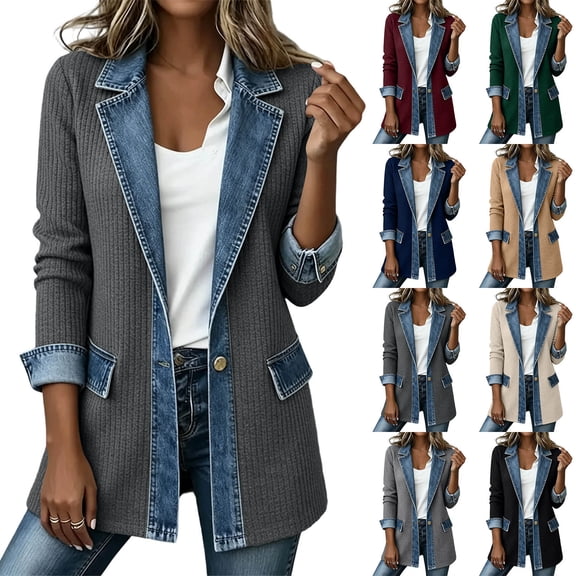 Zynoxe Womens Casual Denim Patchwork Lapel Jeans Jacket Open Front Button Long Sleeve Cardigan with Pockets Black S