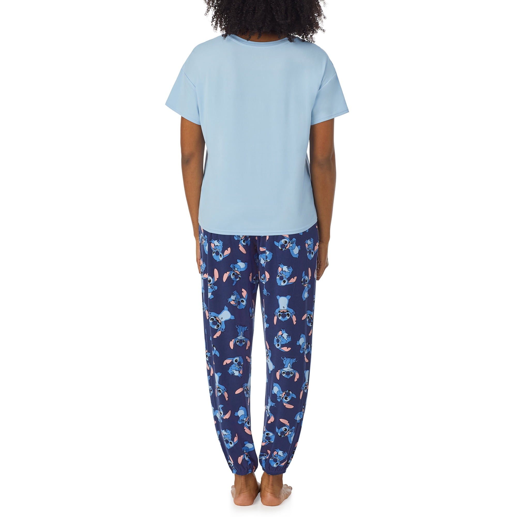 Richard Leeds International Womens Lilo and Stitch Matching 2 Piece Short Sleeve Pajama Top & PJs Jogger Pants Set with Pockets - Soft & Cozy Sleep & Loungewear Pajamas Sets for Women, Blue Small