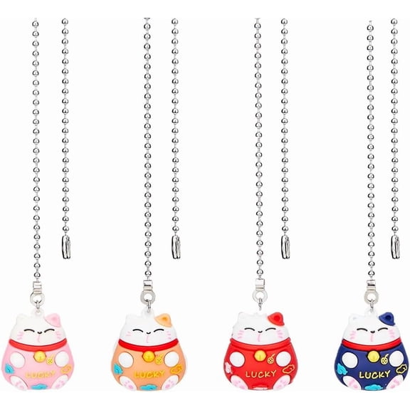 4Pcs 4 Colors PVC Cartoon Lucky Cat Doll Charms Ceiling Fan Pull Chain Extenders with Iron Ball Chain Mixed Color 300mm 1pc/color