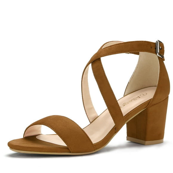 Allegra K Women's Solid Color Open Toe Cross Strap Mid Chunky Heel Sandals