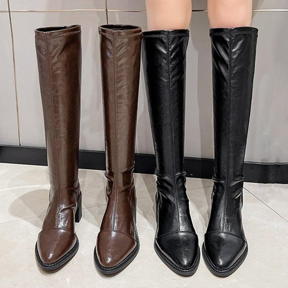 Womens Knee High Boots Chunky Mid Heel Pointy Toe Booties Casual Outdoor Dressy Comfortable Winter Warm Shoes for Women Black 6