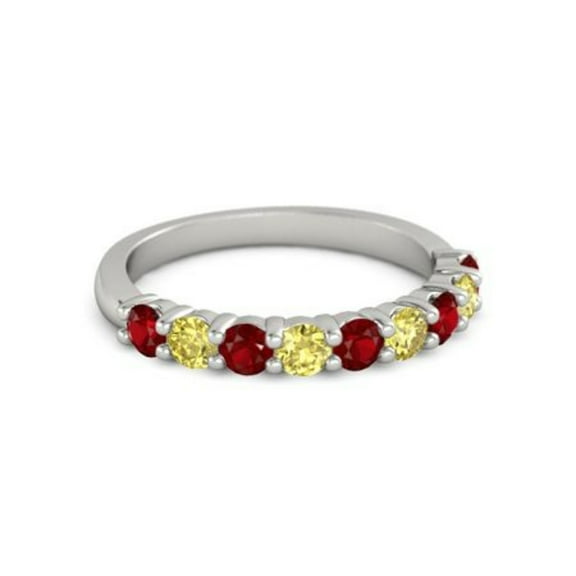 925 Sterling Silver Round 2.50 MM Ruby Yellow Tourmaline Eternity Women Ring Size US- 4
