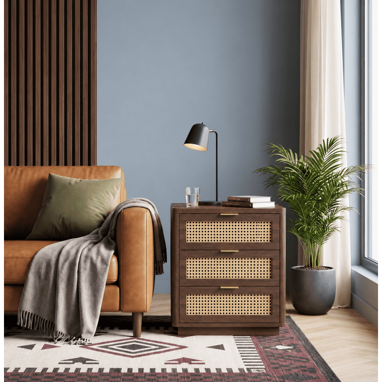 Biemlerfn Nightstand with Charging Station, Walnut Rattan photo 4