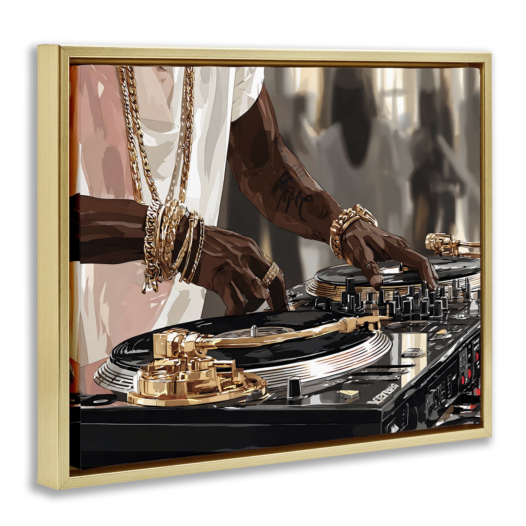 Stupell Industries Golden Sound DJ Turntables Gold Framed Floater Canvas Wall Art, design by Franklyn Gregory