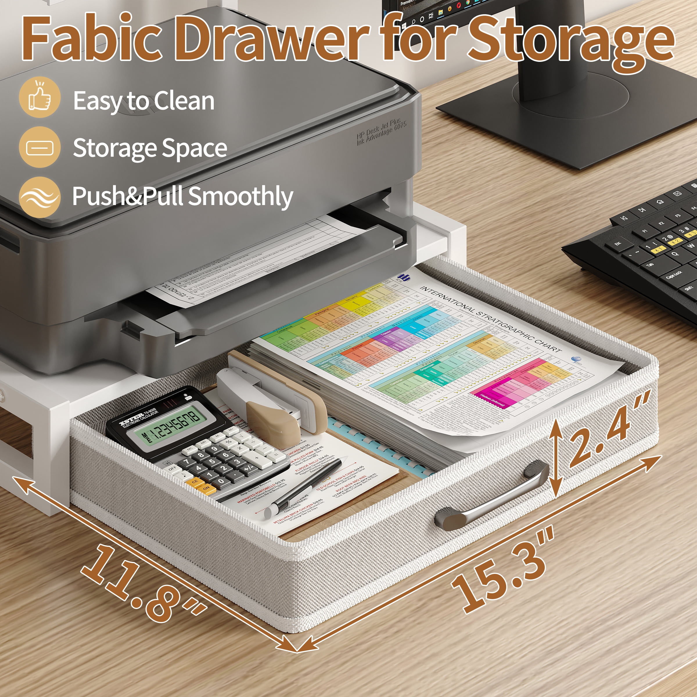 MIN EN WIN 2-Tier Monitor Stand Riser with Fabric Drawer, Sturdy Desk Organizer for Adult Home Office