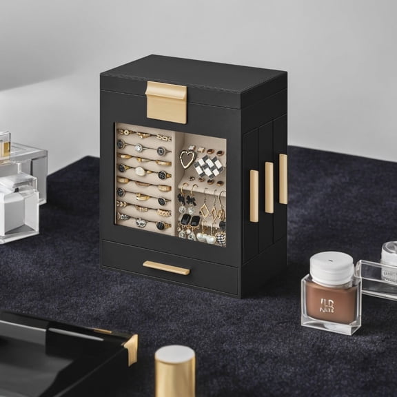 LEDREM 5-Layer Jewelry Organizer with Glass Display & 3 Modular Drawers, Hanging Storage System with Full Mirror, Modern Jewelry Case, Ink Black and Metallic Gold