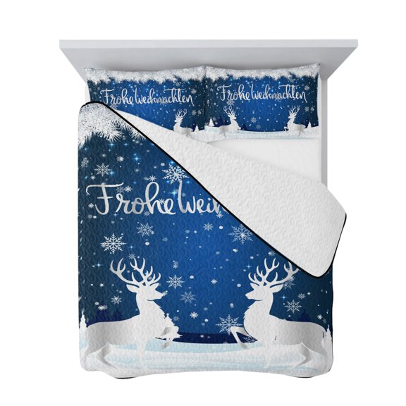Twin Quilt Bedding Set, Frohe Weihnachten Words on Blue Soft Microfiber Summer Bedspread Coverlet with 2 Pillow Shams for All Season, Snowflakes Elk Breathable Bedding Set for Hot Sleepers