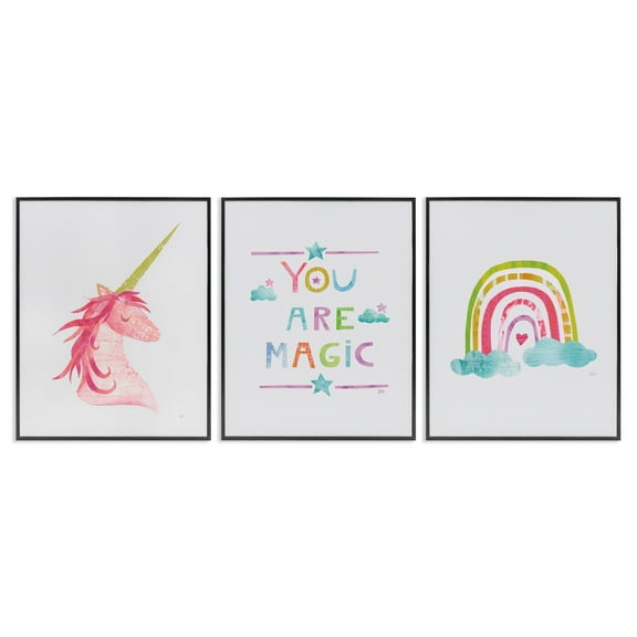 Stupell Industries You Are Magic Rainbow & Unicorn Art for Kids Painting Black Framed Art Print Wall Art, 11 x 14, Set of 3