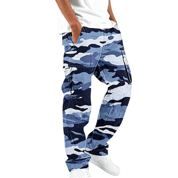 Resicozy Camo Cargo Pants for Men Casual Hiking Pants Joggers Athletic Trousers Cotton Loose Straight Sweatpants with Pockets Royal Blue M