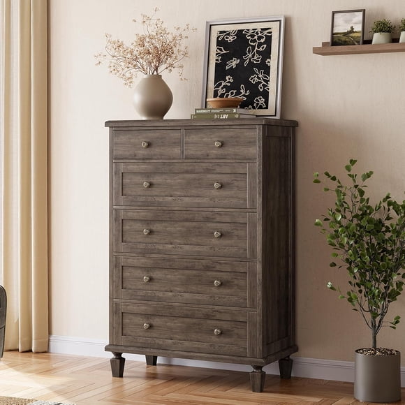 Vintage 6 Drawer Dresser for Bedroom, Tall Wood Dresser with Tapered Legs Support, Dressers & Chests of Drawers for Living Room, Grey