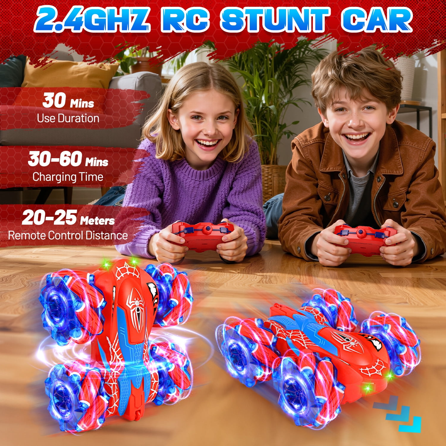 Beefunni Spider Remote Control Car, 2.4GHz Double Sided RC Stunt Car with LED Lights, 4WD 360° Flips Rotating Rechargeable Off-Road RC Car Indoor Outdoor Toys for Kids Boys Girls Ages 4-12 Birthday G