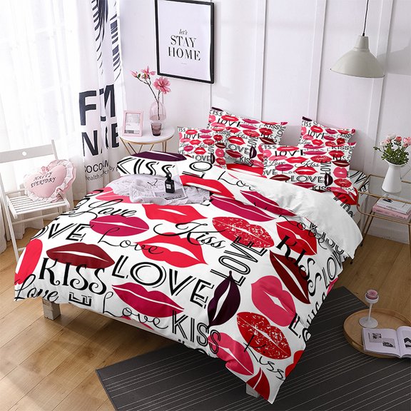 Lips Polyester Duvet Cover Set Red Heart Valentine's Day Present for Couple Wife King Size Bedding Set with Pillowcase