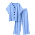 thumbnail image 4 of ibuvkizy Women's 2 Piece Casual Outfit Set V Neck Button Front Short Sleeve Tops with Lace Trim & Elastic Waist Cropped Wide Leg Pants with Pockets,Lightweight Linen Blend Summer Matching Suit, 4 of 9