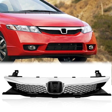 CROSSDESIGN Upper Grill Front Bumper Grille  Chrome Trim Fit for 2009-2011 Honda Civic Sedan  4DR