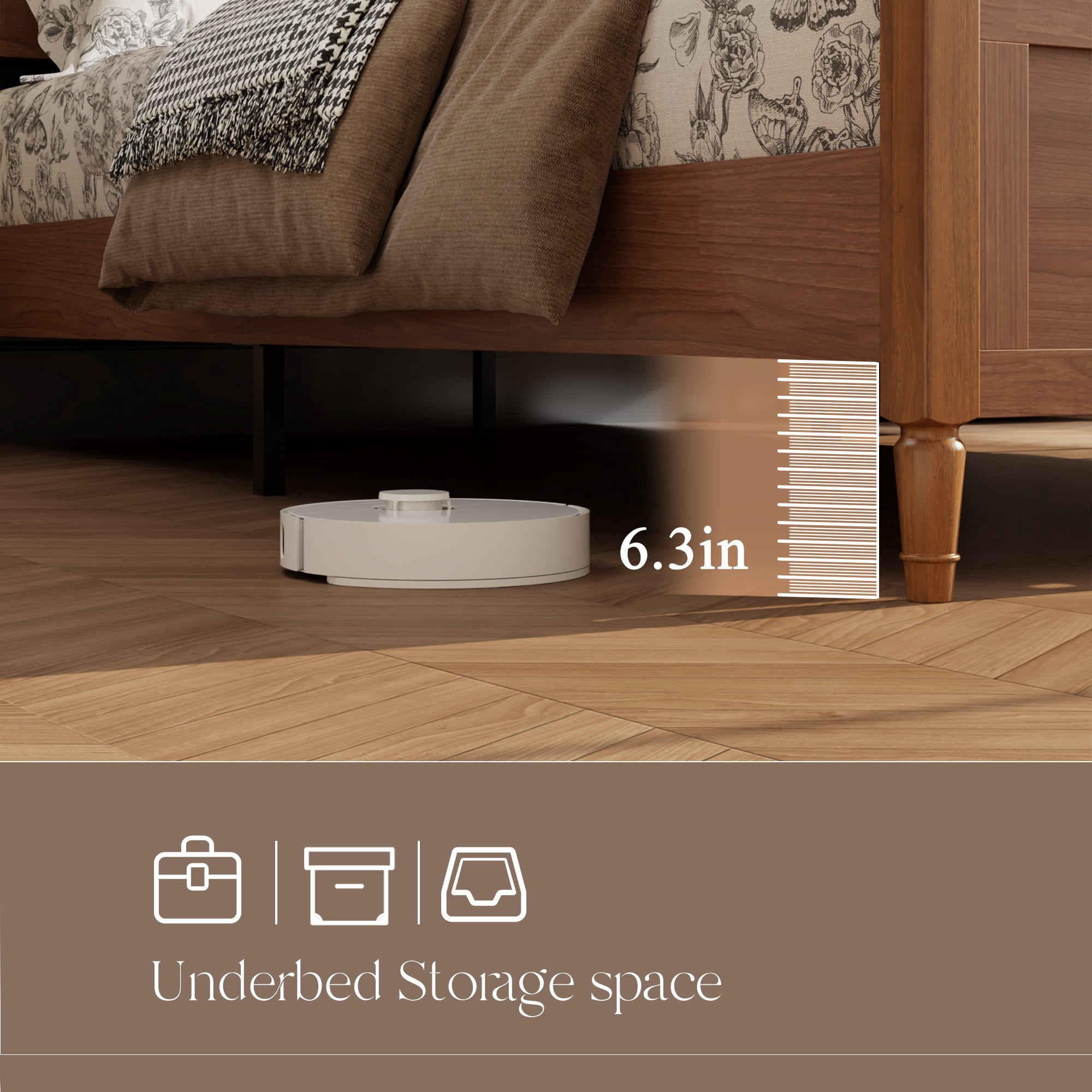 DEALTOPS Queen French Country Scalloped Platform Bed Frame with Upholstered Headboard, No Box Spring, Walnut