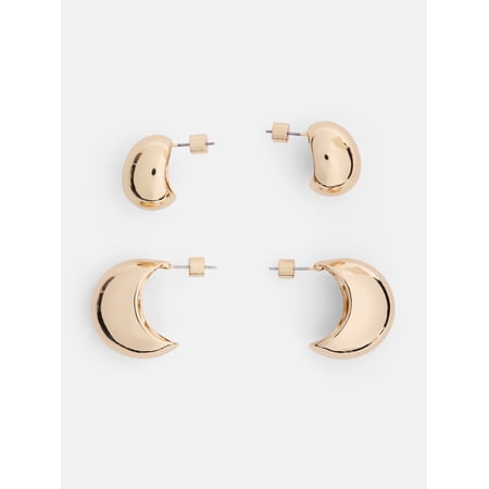 Scoop Women's Gold Tone Curved Stud & Hoop Earrings, 2 Pairs