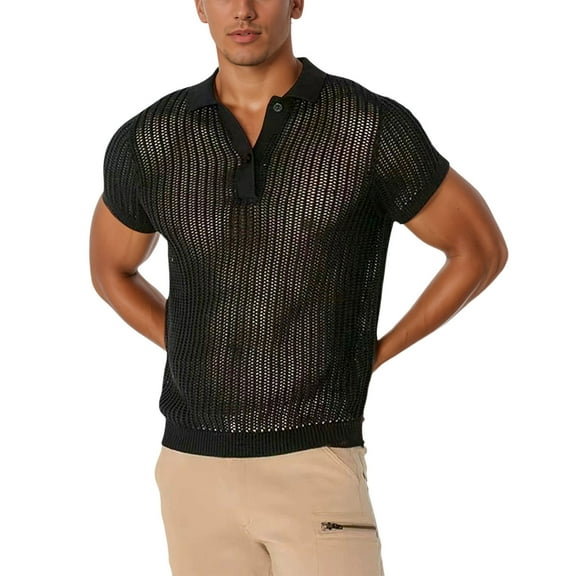 MIXUE Polo Shirts For Men Summer Mesh Hollow Out Solid Color Lapel Button Down Short Sleeve Loose Casual Daily-Wear,Black,M