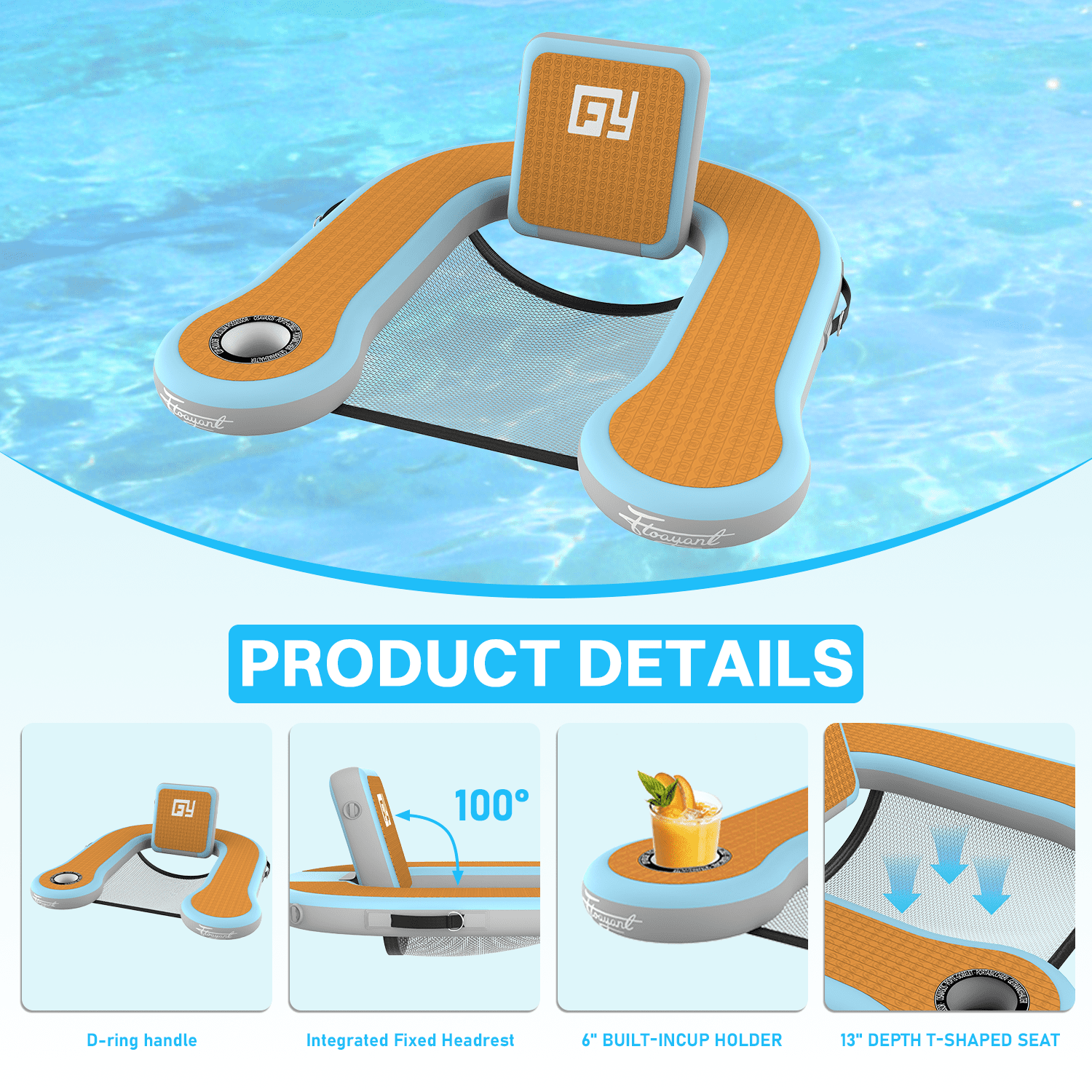 Inflatable Pool Float Chair, Floating Lounger with Cup Holder, 100°Fixed Backrest, Breathable & Sinking Mesh Seat,Adults Inflatable Pool Float for Swimming Pool,Beach