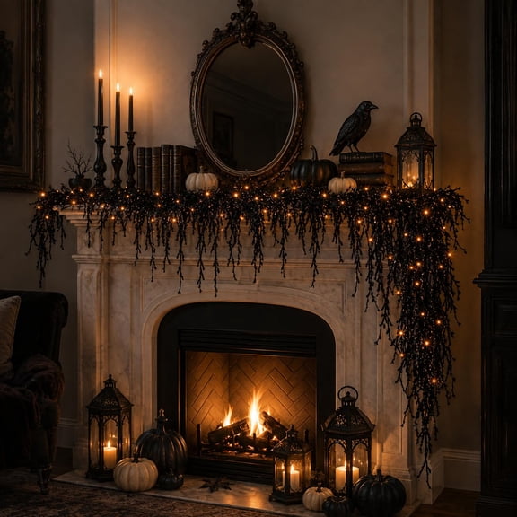 Halloween Lighted Black Vine Garland, Warm LED Gothic Mantel Decor with Black Faux Vine and Lights, 4.9ft Long | Perfect for Mantels, Doors, Windows, Banisters, and Halloween Parties(RL)